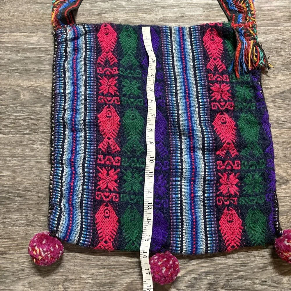 Multicolor Woven Bag Nepal Fish Motif PomPom Bohemian Grunge Festival 90s VTG